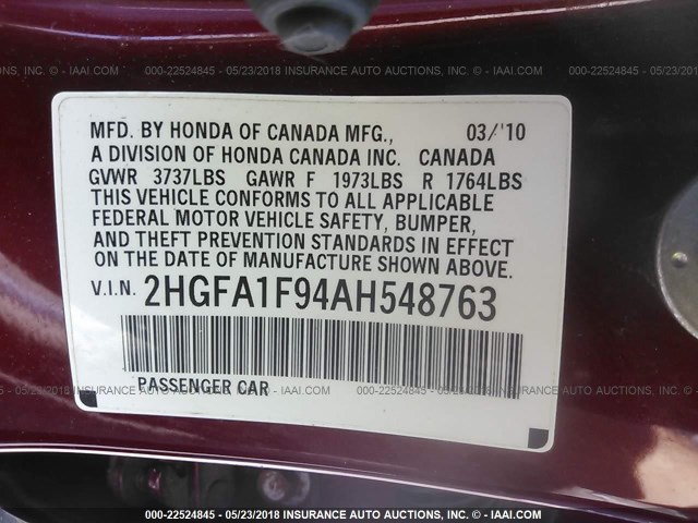 2HGFA1F94AH548763 - 2010 HONDA CIVIC EXL RED photo 9