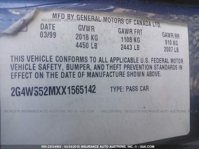 2G4WS52MXX1565142 - 1999 BUICK CENTURY CUSTOM BLUE photo 9