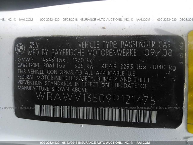 WBAWV13509P121475 - 2009 BMW 328 I SULEV WHITE photo 9