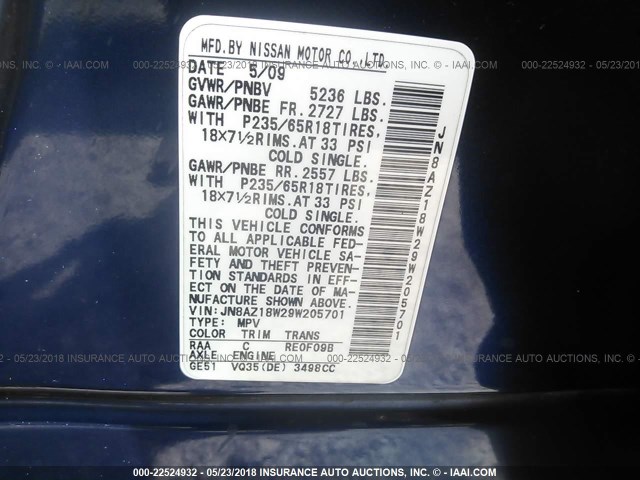 JN8AZ18W29W205701 - 2009 NISSAN MURANO S/SL/LE BLUE photo 9