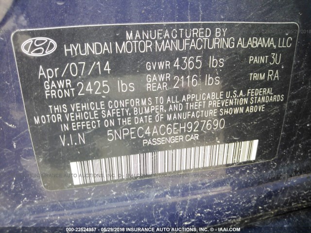 5NPEC4AC6EH927690 - 2014 HYUNDAI SONATA SE/LIMITED BLUE photo 9