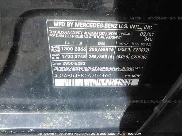 4JGAB54E81A257464 - 2001 MERCEDES-BENZ ML 320 BLACK photo 9