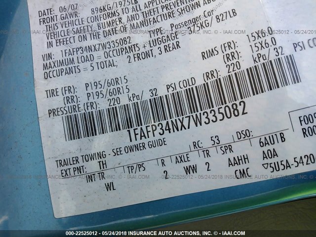 1FAFP34NX7W335082 - 2007 FORD FOCUS ZX4/S/SE/SES 蓝色 照片 9