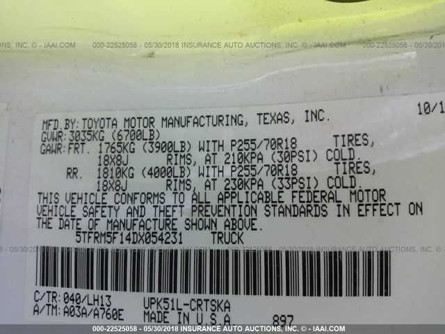 5TFRM5F14DX054231 - 2013 TOYOTA TUNDRA DOUBLE CAB SR5 WHITE photo 9