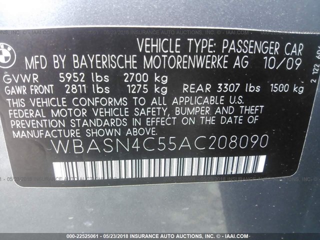 WBASN4C55AC208090 - 2010 BMW 550 GT GRAY photo 9