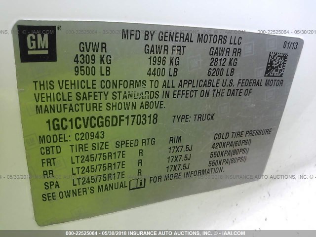 1GC1CVCG6DF170318 - 2013 CHEVROLET SILVERADO C2500 HEAVY DUTY WHITE photo 9