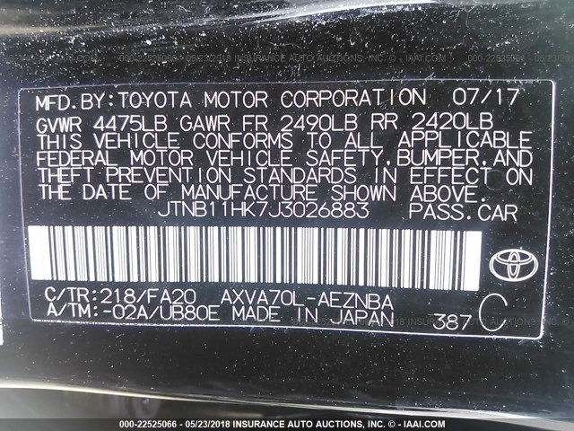 JTNB11HK7J3026883 - 2018 TOYOTA CAMRY L/LE/XLE/SE/XSE BLACK photo 9