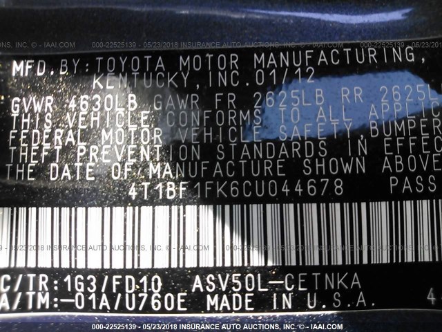 4T1BF1FK6CU044678 - 2012 TOYOTA CAMRY SE/LE/XLE GRAY photo 9