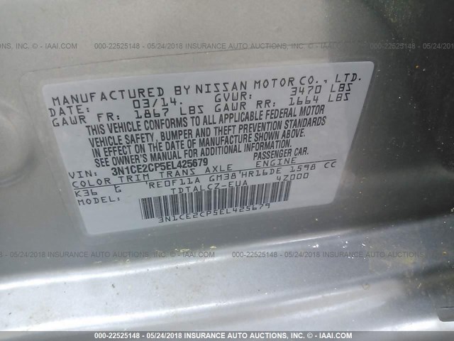 3N1CE2CP5EL425679 - 2014 NISSAN VERSA NOTE S/S PLUS/SV/SL SILVER photo 9