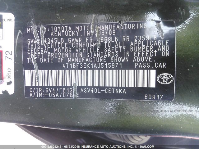 4T1BF3EK1AU515971 - 2010 TOYOTA CAMRY SE/LE/XLE GREEN photo 9