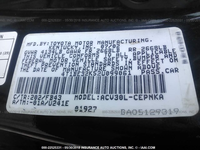 4T1BE32K52U099061 - 2002 TOYOTA CAMRY LE/XLE/SE შავი ფოტო 9