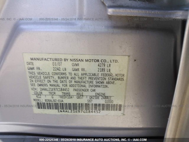 1N4AL21E97C184452 - 2007 NISSAN ALTIMA 2.5/2.5S GRAY photo 9