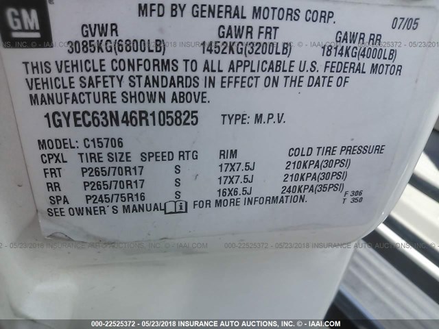 1GYEC63N46R105825 - 2006 CADILLAC ESCALADE LUXURY თეთრი ფოტო 9