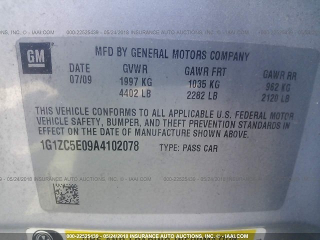 1G1ZC5E09A4102078 - 2010 CHEVROLET MALIBU 1LT 银色 照片 9