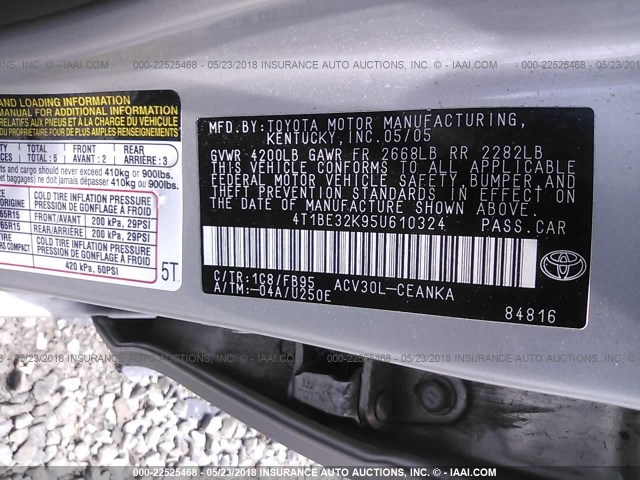 4T1BE32K95U610324 - 2005 TOYOTA CAMRY LE/XLE/SE SILVER photo 9