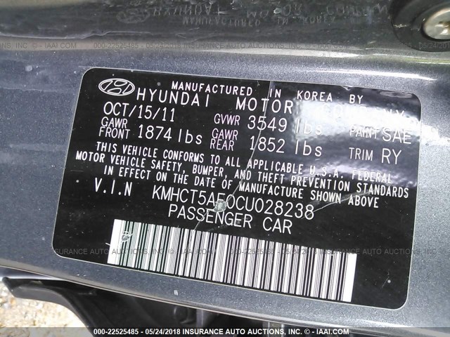 KMHCT5AE0CU028238 - 2012 HYUNDAI ACCENT GLS/GS GRAY photo 9