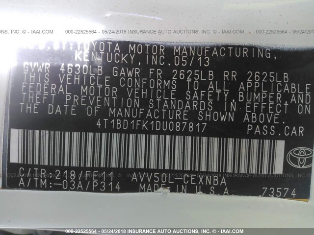 4T1BD1FK1DU087817 - 2013 TOYOTA CAMRY HYBRID/LE/XLE 白色 照片 9