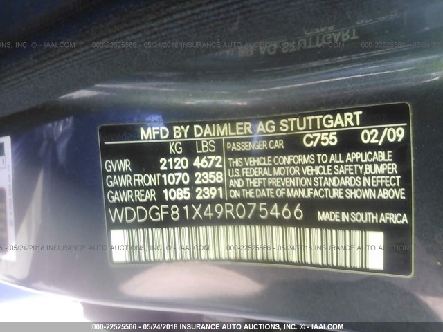 WDDGF81X49R075466 - 2009 MERCEDES-BENZ C 300 4MATIC GRAY photo 9