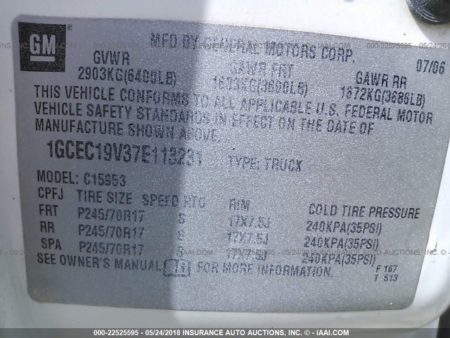 1GCEC19V37E113231 - 2007 CHEVROLET SILVERADO C1500 CLASSIC WHITE photo 9