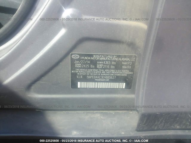 5NPEB4AC3EH885627 - 2014 HYUNDAI SONATA GLS GRAY photo 9