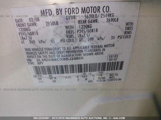 2LMDU88CX8BJ24869 - 2008 LINCOLN MKX 白色 照片 9