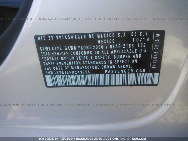 3VW1K7AJ3FM243755 - 2015 VOLKSWAGEN JETTA S ვერცხლისფერი ფოტო 9