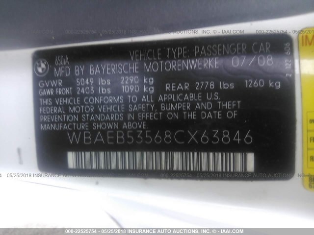 WBAEB53568CX63846 - 2008 BMW 650 I Ağ foto 9