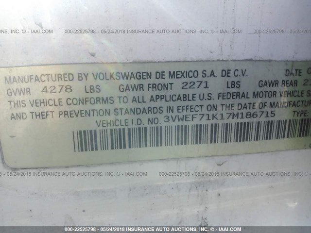 3VWEF71K17M186715 - 2007 VOLKSWAGEN JETTA WOLFSBURG 白色 照片 9