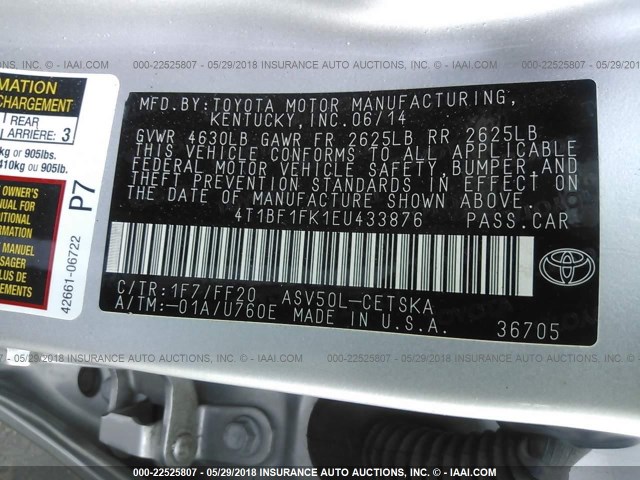 4T1BF1FK1EU433876 - 2014 TOYOTA CAMRY L/SE/LE/XLE SILVER photo 9