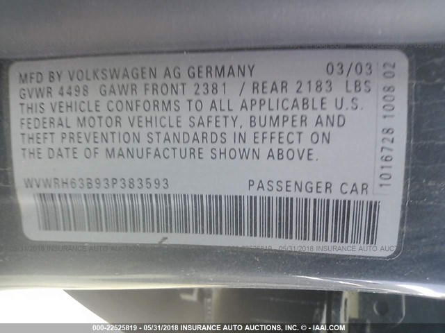 WVWRH63B93P383593 - 2003 VOLKSWAGEN PASSAT GLX GRAY photo 9