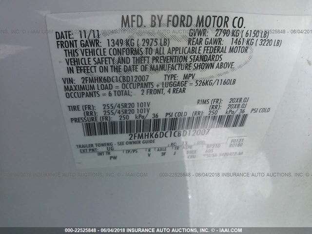 2FMHK6DC1CBD12007 - 2012 FORD FLEX LIMITED WHITE photo 9