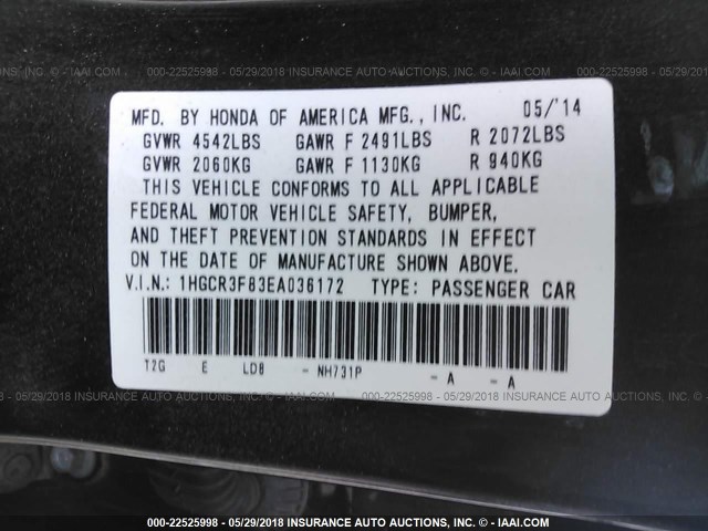 1HGCR3F83EA036172 - 2014 HONDA ACCORD EXL BLACK photo 9