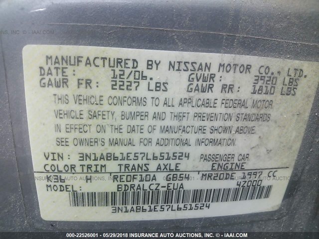 3N1AB61E57L651524 - 2007 NISSAN SENTRA 2.0/2.0S/2.0SL GRAY photo 9