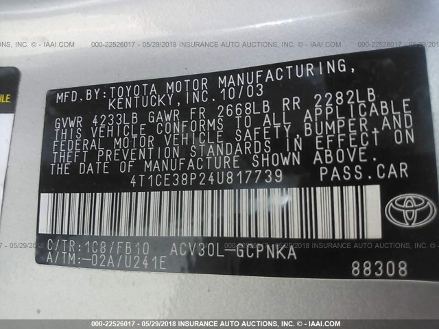 4T1CE38P24U817739 - 2004 TOYOTA CAMRY SOLARA SE/SLE ვერცხლისფერი ფოტო 9