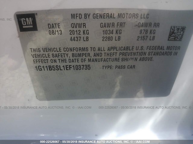 1G11B5SL1EF103735 - 2014 CHEVROLET MALIBU LS თეთრი ფოტო 9