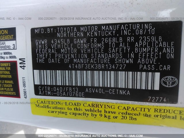 4T4BF3EK3BR134727 - 2011 TOYOTA CAMRY SE/LE/XLE 白色 照片 9