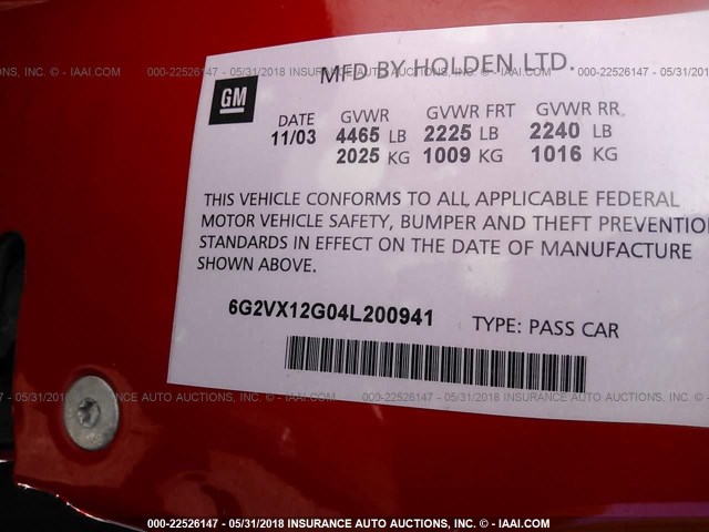 6G2VX12G04L200941 - 2004 PONTIAC GTO RED photo 9