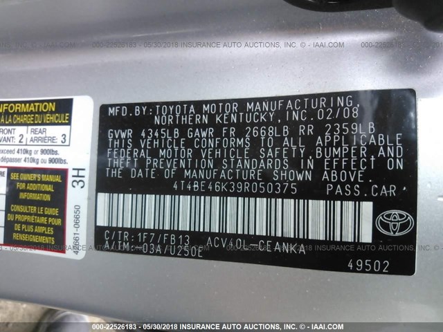 4T4BE46K39R050375 - 2009 TOYOTA CAMRY SE/LE/XLE ვერცხლისფერი ფოტო 9