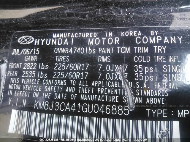 KM8J3CA41GU046885 - 2016 HYUNDAI TUCSON LIMITED/SPORT AND ECO/SE BLACK photo 9