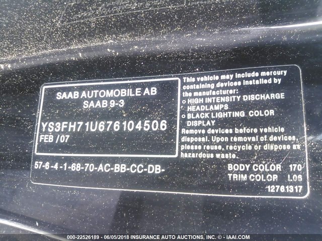 YS3FH71U676104506 - 2007 SAAB 9-3 AERO BLACK photo 9