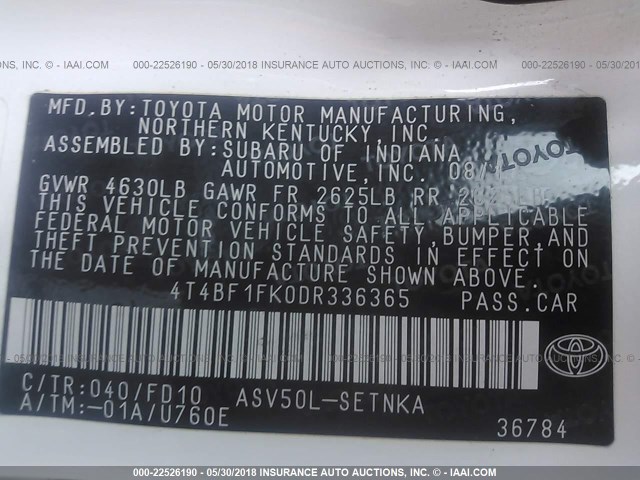4T4BF1FK0DR336365 - 2013 TOYOTA CAMRY L/SE/LE/XLE 白色 照片 9