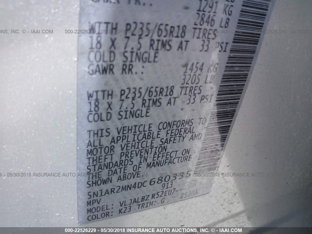 5N1AR2MN4DC680335 - 2013 NISSAN PATHFINDER S/SV/SL/PLATINUM 银色 照片 9