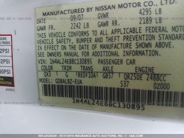 1N4AL24E88C130895 - 2008 NISSAN ALTIMA 2.5S WHITE photo 9