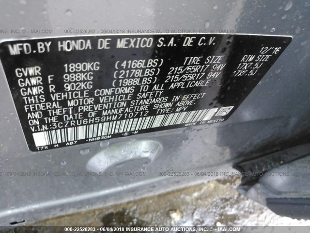 3CZRU6H59HM710712 - 2017 HONDA HR-V EX SILVER photo 9