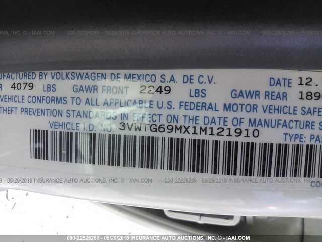 3VWTG69MX1M121910 - 2001 VOLKSWAGEN JETTA GLX WHITE photo 9