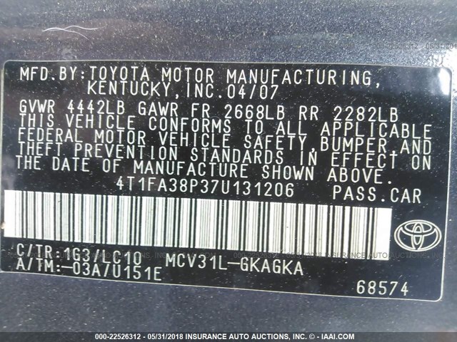 4T1FA38P37U131206 - 2007 TOYOTA CAMRY SOLARA SE/SLE GRAY photo 9