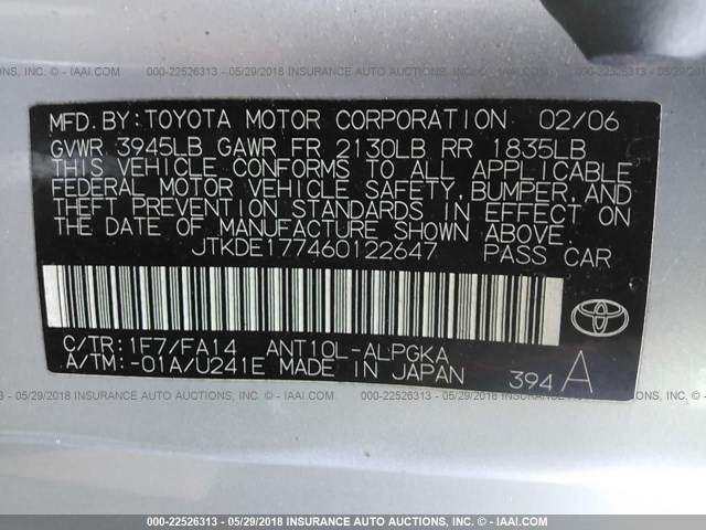 JTKDE177460122647 - 2006 TOYOTA SCION TC 银色 照片 9