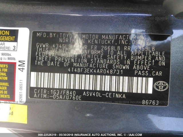 4T4BF3EK4AR048731 - 2010 TOYOTA CAMRY SE/LE/XLE GRAY photo 9