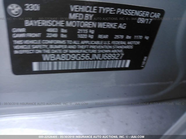 WBA8D9G56JNU68927 - 2018 BMW 330 XI SILVER photo 9