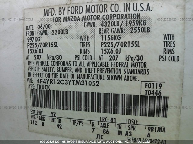 4F4YR12C3YTM31052 - 2000 MAZDA B2500 WHITE photo 9